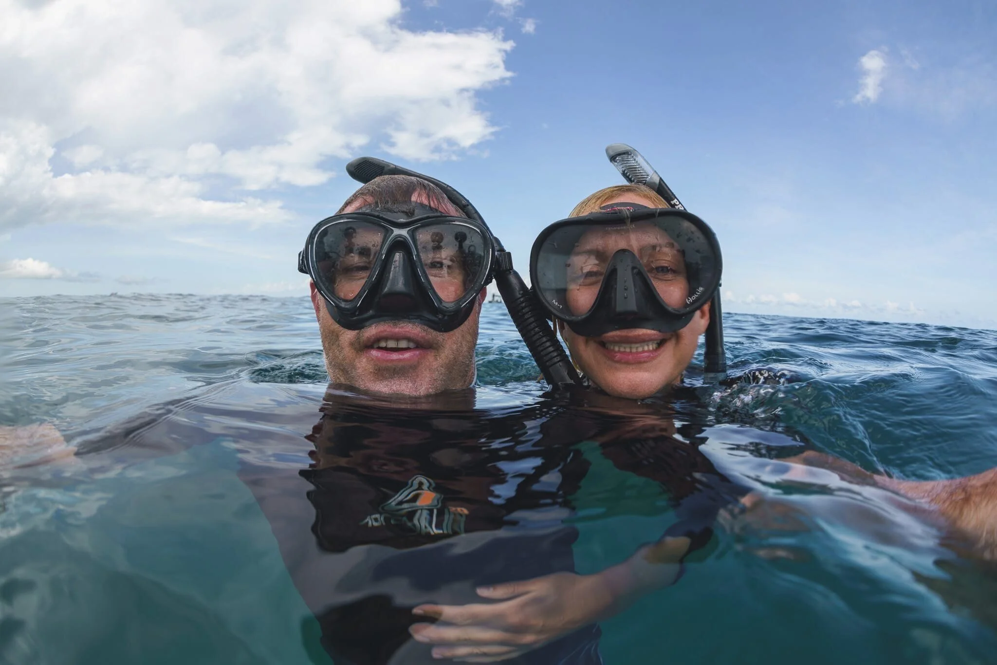 Simon and Mads testing snorkel masks with whale sharks in Tanzania