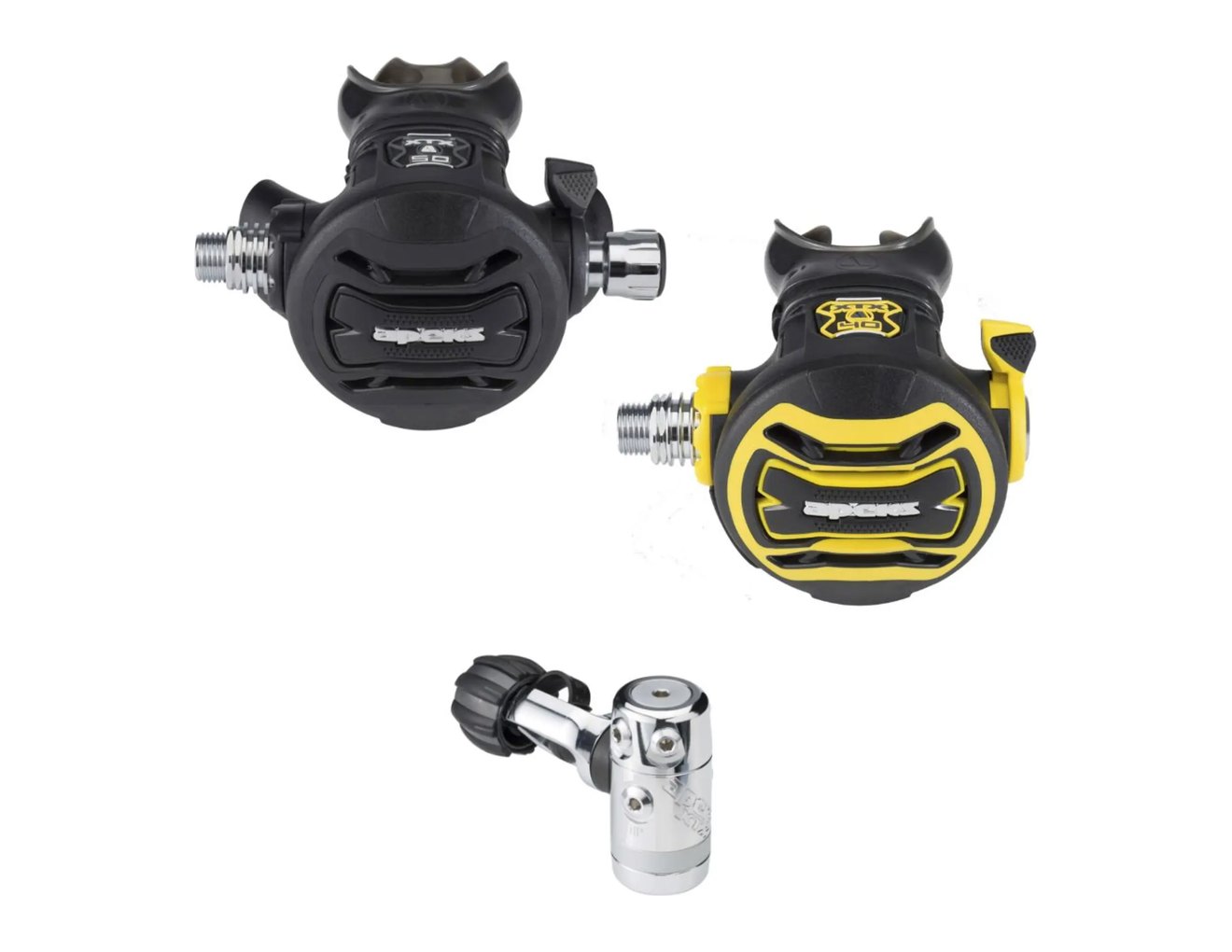 Apeks XTX50 regulator set: the yoke first stage, the black XTX50 second stage and the yellow XTX40 octopus