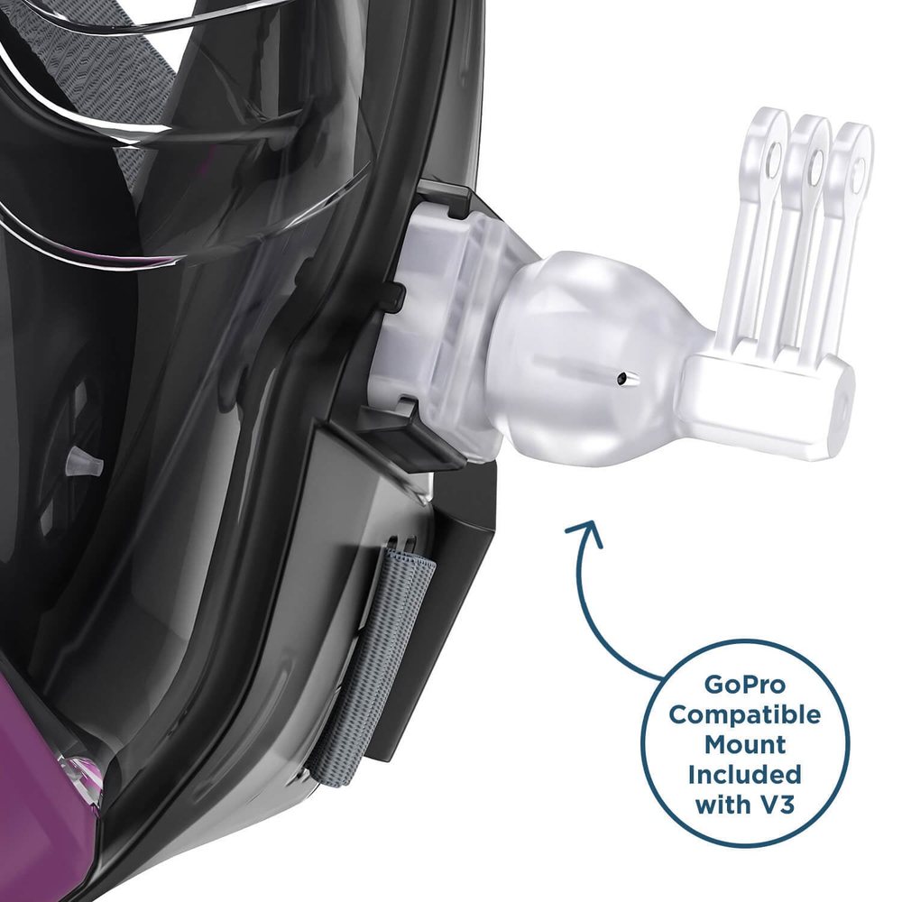 The GoPro-compatible camera mount that clips onto the chin of the Seaview 180 V3 full-face snorkel mask