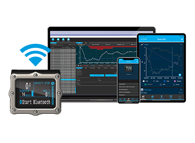 Shearwater Perdix 2 connecting over Bluetooth to the Shearwater Cloud app on a laptop, tablet and phone