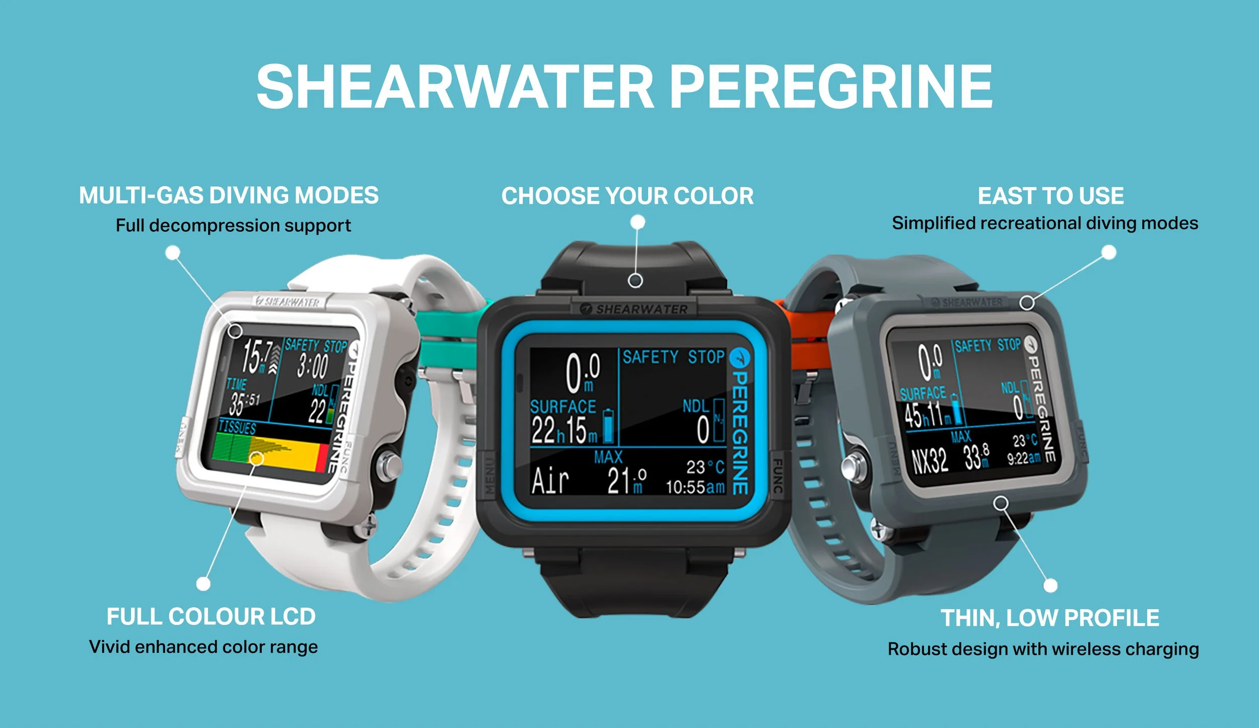 Shearwater Peregrine features: multi-gas diving modes, colour options, full-colour LCD and a thin, low profile with wireless charging