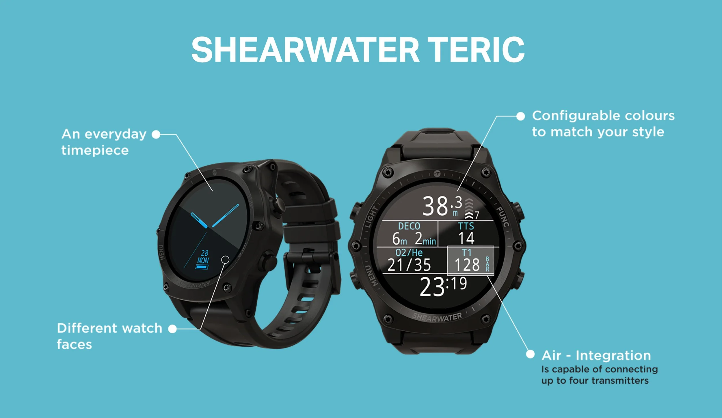 Shearwater Teric features: everyday watch faces, configurable colours and air integration with up to four transmitters