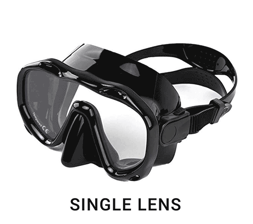 A single-lens snorkel mask: one big window with no frame across the nose