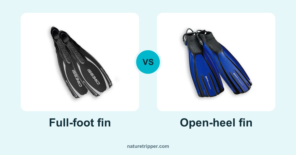 Full-foot vs open-heel fins: Cressi Reaction Pro full-foot fins and Mares Avanti Quattro Plus open-heel fins with a heel strap