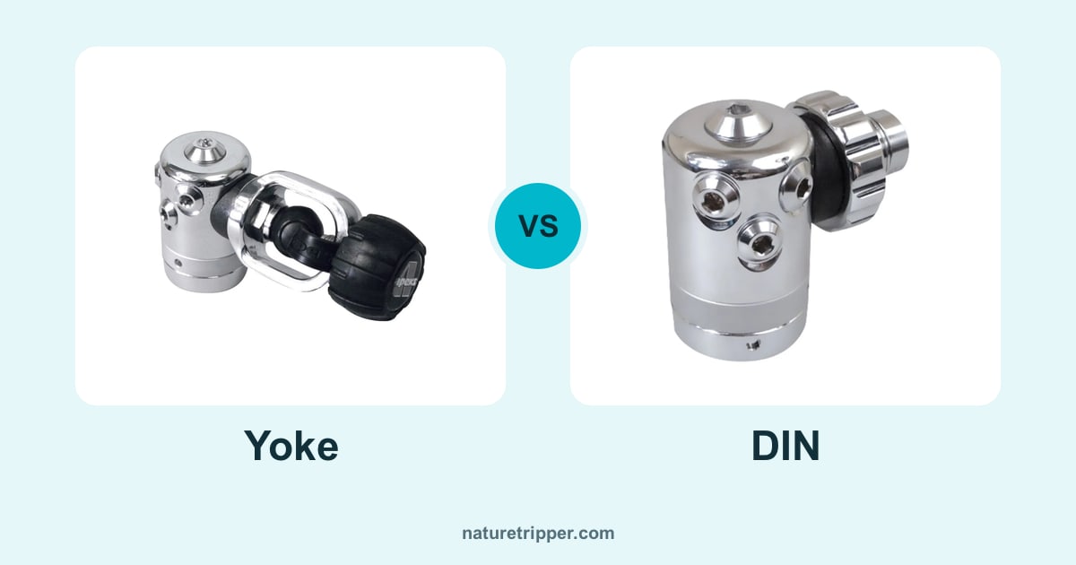 Yoke vs DIN: the same Apeks DS4 regulator first stage with a yoke clamp and with a DIN screw-in fitting