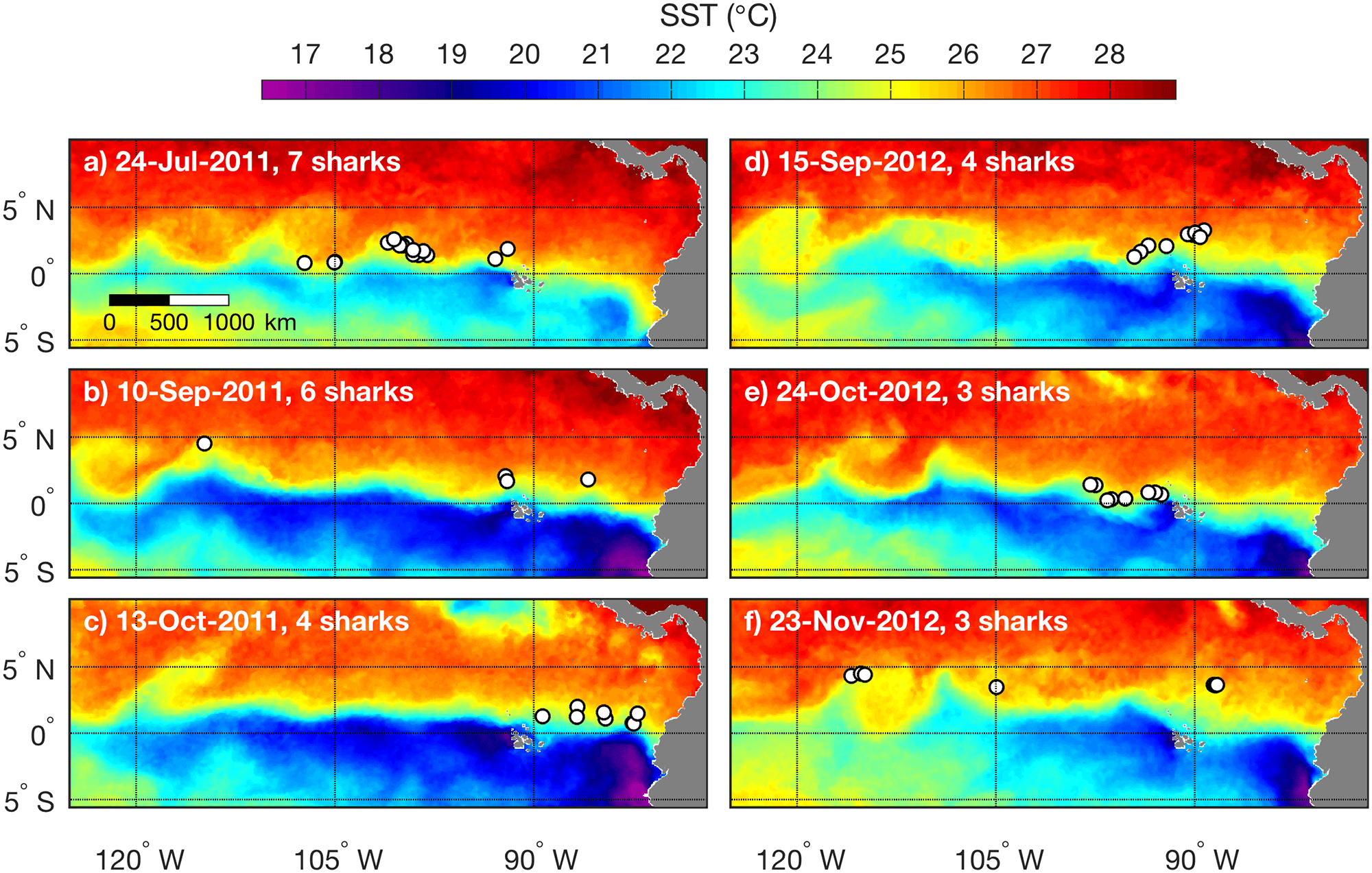plots of whale shark movements and ocean conditions